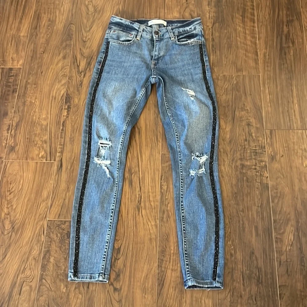 ZARA Z1975 Distressed Denim Jeans with Rhinestones Hem - Picture 2 of 12